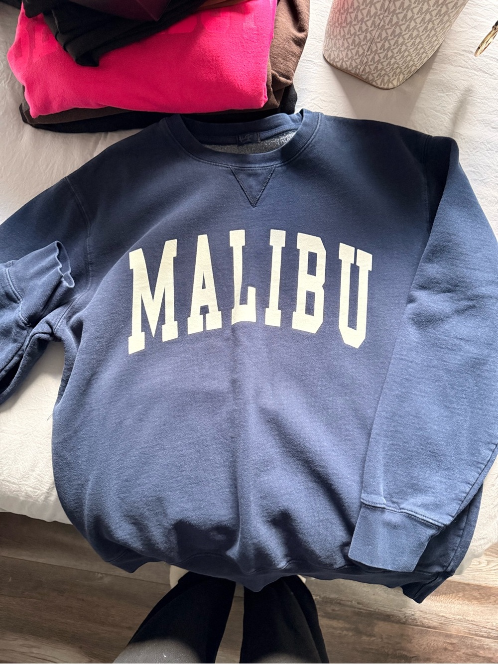 Brandy Melville Navy Crewneck Sweatshirt with White MALIBU Lettering